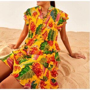 Farm Rio Yellow Beaks and Bananas Layered Mini Dress Size S
